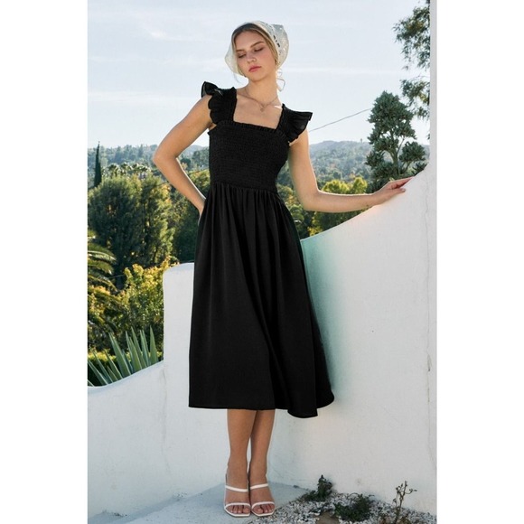 Oddi Dresses & Skirts - Black Midi Dress with Ruffle Sleeves